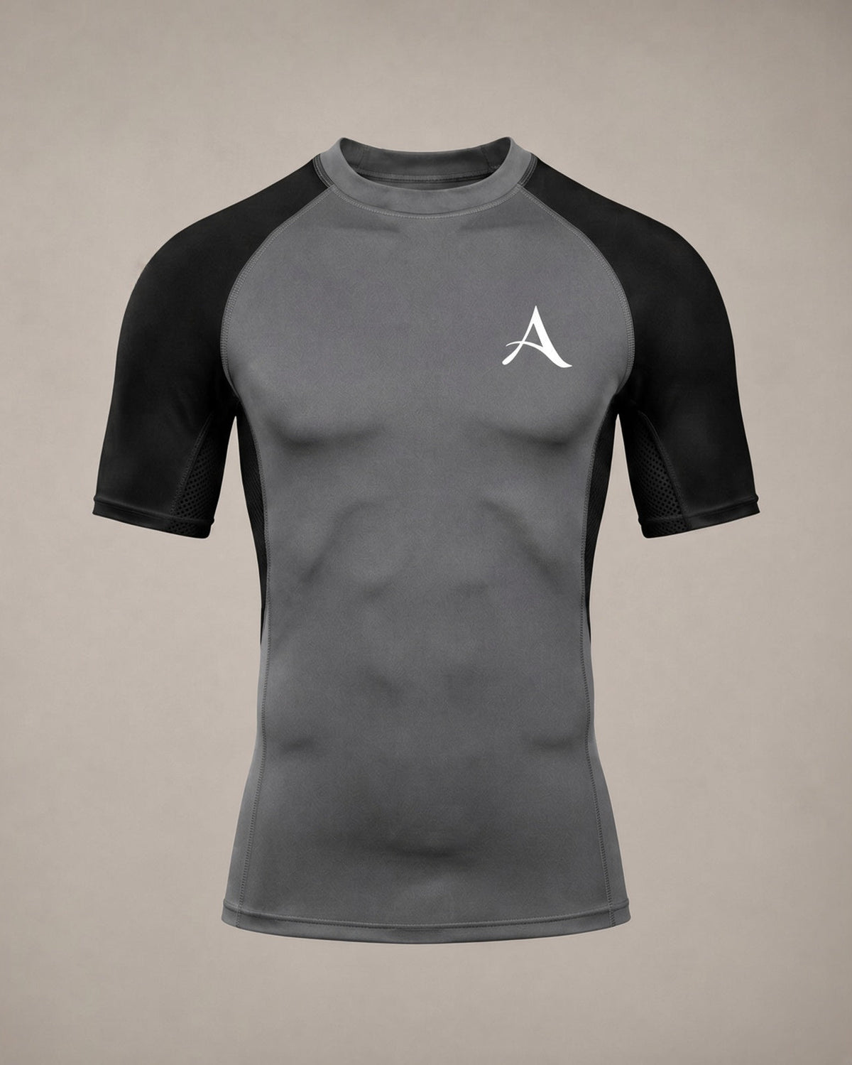 ATHERIA AXIS grey and black short-sleeve compression shirt, front view