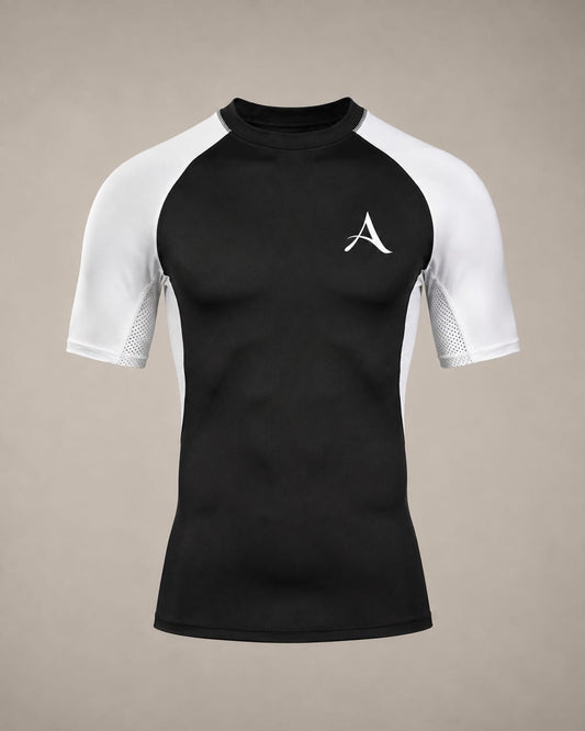 ATHERIA AXIS black and white short-sleeve compression shirt, front view