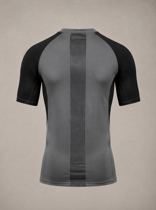 ATHERIA AXIS grey and black short-sleeve compression shirt, back view