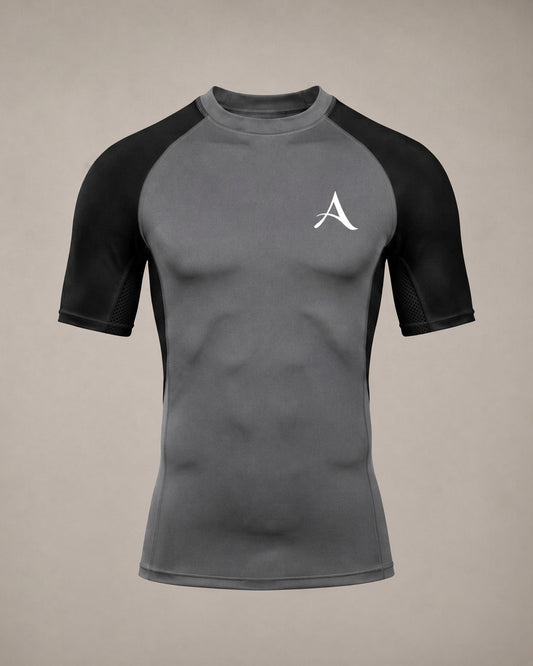 ATHERIA AXIS grey and black short-sleeve compression shirt, front view